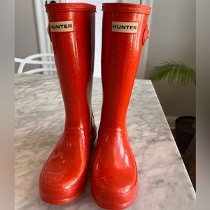 Hunter Rain Boots Tall Glitter Waterproof Size 2. Red Orange